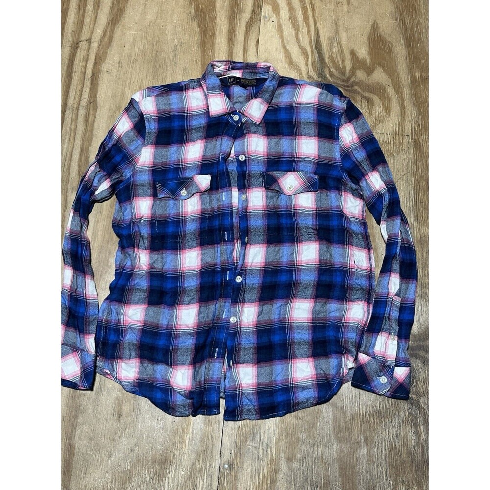 Gap + Pendlelton Woolen Mills Rayon Button Up Plaid Navy Pink Shirt Women M @j2